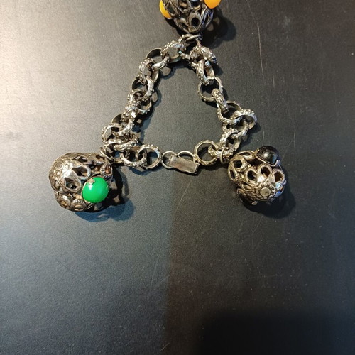Vintage silver bracelet with chain and three ornate spherical elements like new