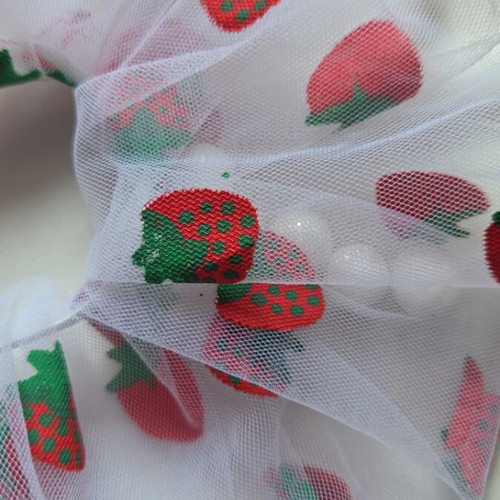 Handmade white transparent hair scrunchie with strawberries and glitter new