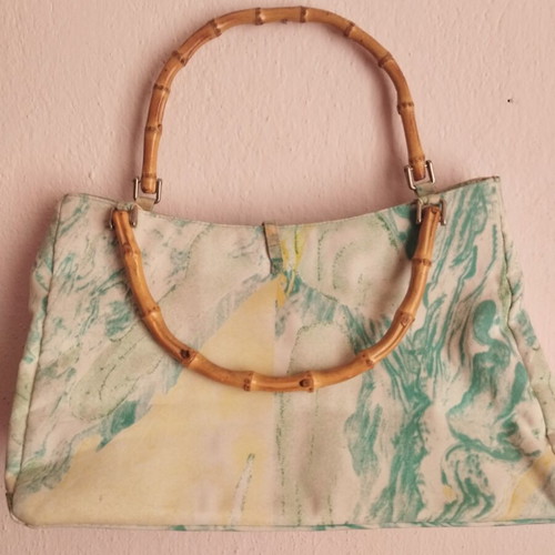 Vintage Terry & Toni Art to Wear handbag with bamboo handle and handmade motif new