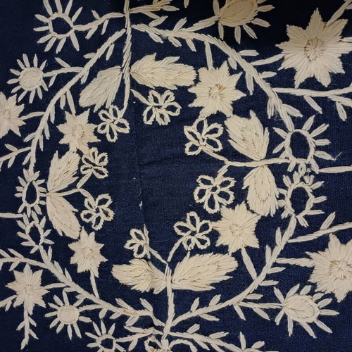 Felt tablecloth used, handmade, dark blue with ecru embroidery