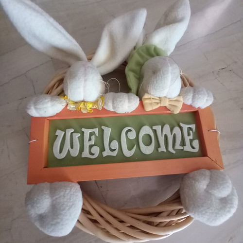 Easter Door Wreath like new with felt bunnies and wooden Welcome sign