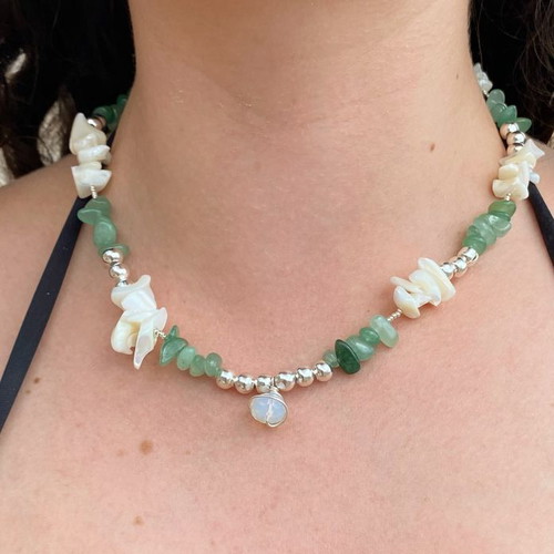 Boho Mermaidcore Necklace with Green Aventurine Chips and Moonstone Bead