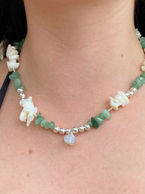 Boho Mermaidcore Necklace with Green Aventurine Chips and Moonstone Bead