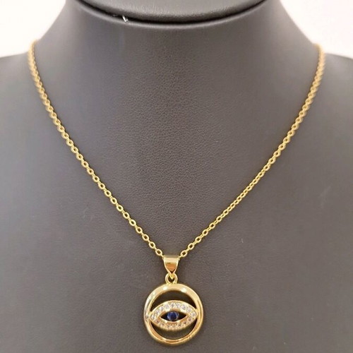 Stainless steel necklace chain with eye, blue crystal and zircon, new