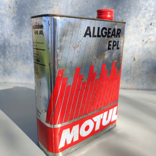 Motul tin oil can used, 80s 90s, with marks and rust