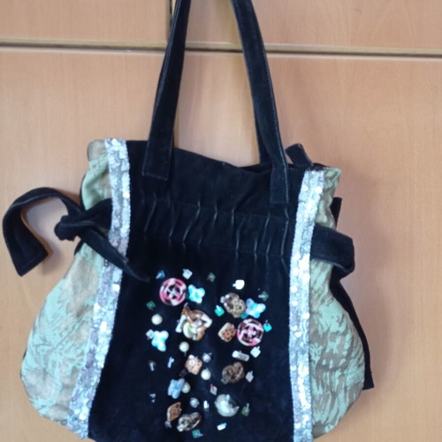 Vintage boho style shoulder bag like new, black velvet with colorful decorations