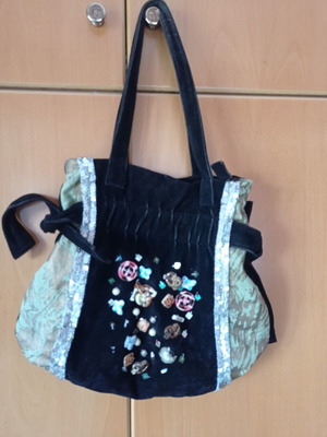 Vintage boho style shoulder bag like new, black velvet with colorful decorations