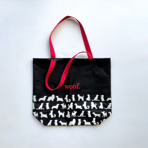 The WOOF Tote Bag new, black with white dog prints