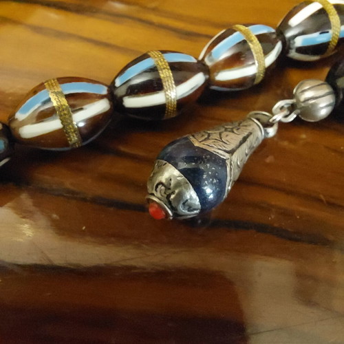 Old Egyptian Worry Beads from Kouk Wood with 33 Beads and Inlays, New