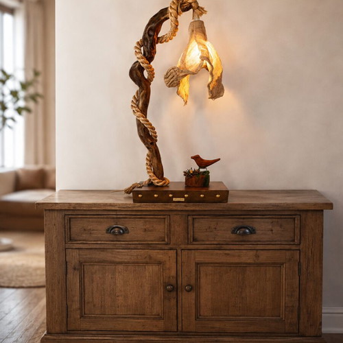 Handmade table lamp with natural driftwood and burlap