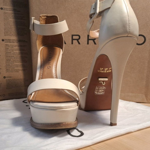 Caranno strapped heels used beige leather wedding shoes, 14 cm heel