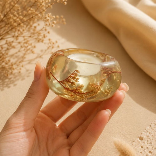 Resin Candle Holder Golden Autumn with Real Dried Flowers Handmade