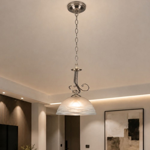 Ceiling light pendant lamp with hemispherical glass shade, satin nickel frame