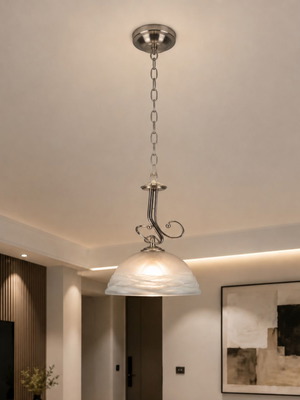 Ceiling light pendant lamp with hemispherical glass shade, satin nickel frame