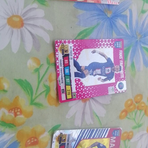 Panini cards used featuring Messi magician, Courtois, Neymar Jr