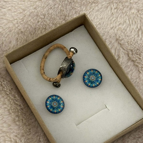 Jewelry set blue and turquoise boho-ethnic with cork base ring new
