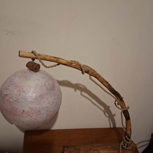 Vintage handmade table lamp with wood, metal, and pink large shade, like new