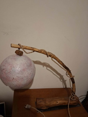Vintage handmade table lamp with wood, metal, and pink large shade, like new
