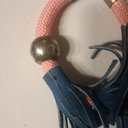 Handmade bracelet pink with blue leather tassels like new