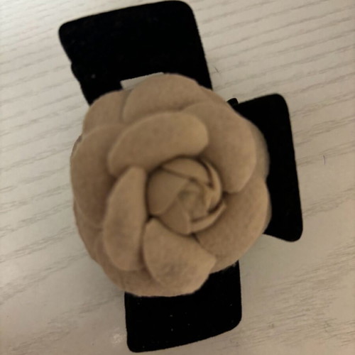 Velvet hair clip black with white fabric camellia new