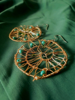 Spiral earrings new, gold with green glass beads