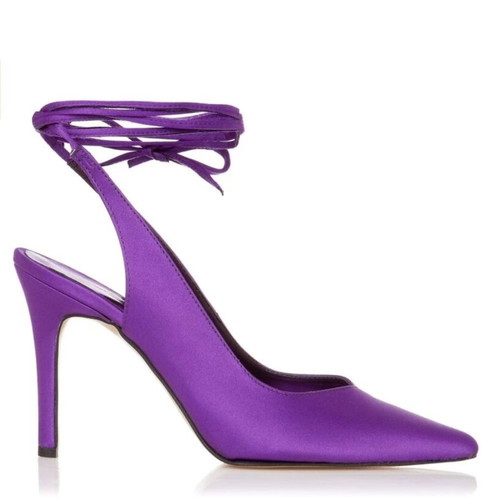 Sante satin pumps size 39 with open heel and ankle tie, like new, purple