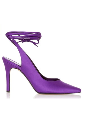 Sante satin pumps size 39 with open heel and ankle tie, like new, purple