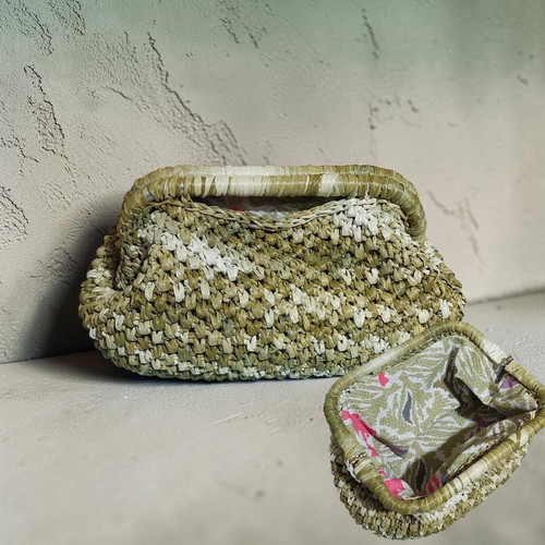 Knitted handmade raffia bag in olive beige shades