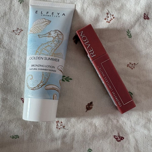 Elfeya Golden Summer bronzing lotion and Revlon lipstick