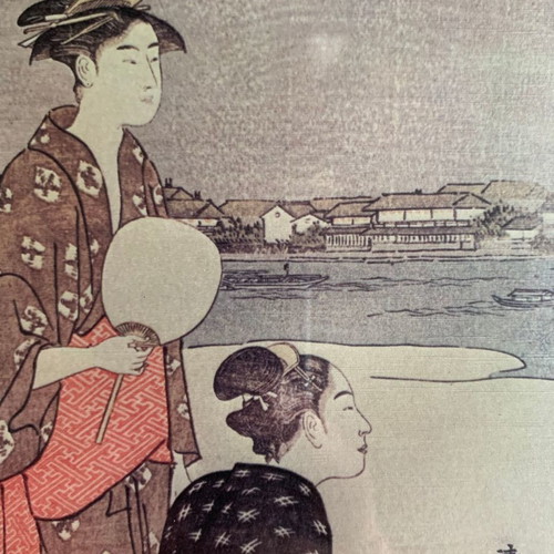 Japanese silk print used with geishas in wooden frame