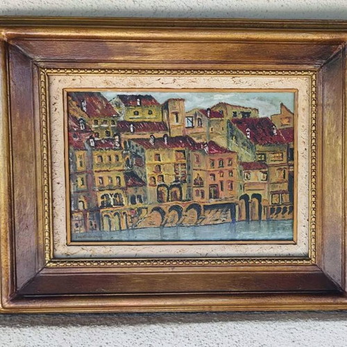 Vintage oil painting Venice with wooden frame used