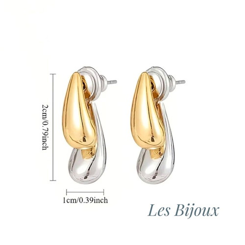 Steel Earrings "Tear" Two-Tone Gold & Silver New