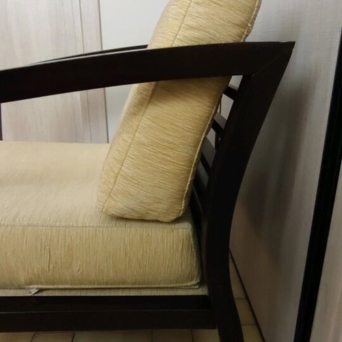 Wedge armchair used, oak with yellow fabric upholstery