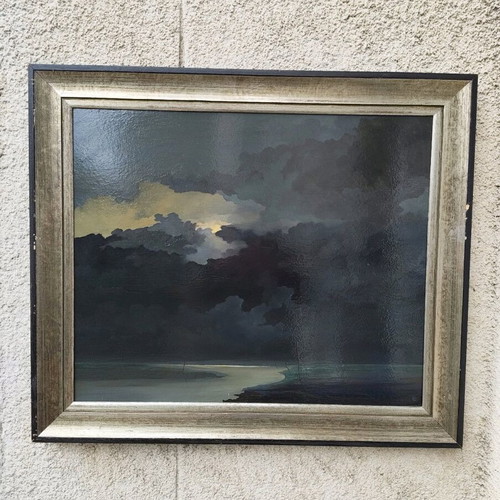 Seascape oil painting on fiberboard used
