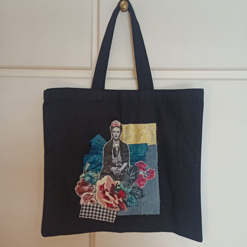 Handmade Frida Kahlo canvas shoulder bag new, black and multicolor