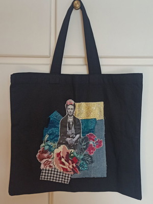 Χειροποίητη τσάντα ώμου Frida Kahlo από καμβά καινούργια, μαύρη και πολύχρωμη