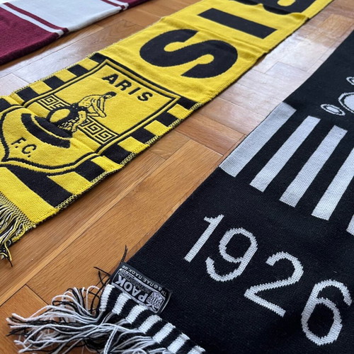 Collection of used football scarves, beanie and shirt set