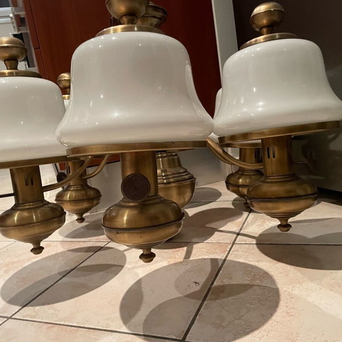 Bronze ceiling light refurbished with six white glass shades
