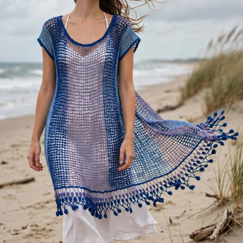 Handmade summer dress with net, blue and lilac shades, Vanas Woven Waves