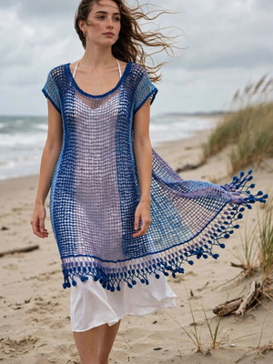 Handmade summer dress with net, blue and lilac shades, Vanas Woven Waves