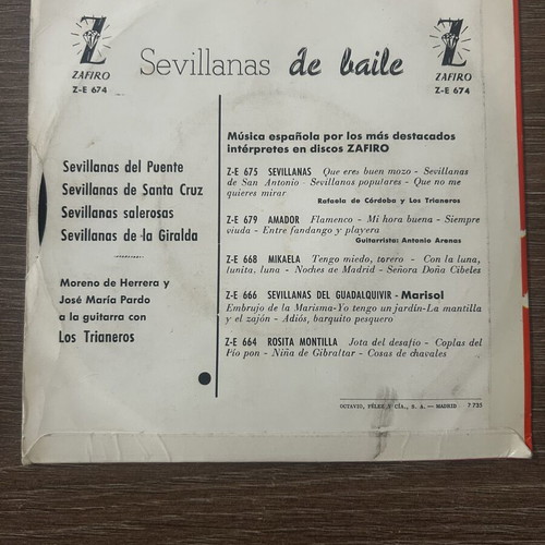 Sevillanas de Baile 45 RPM record like new, Latin