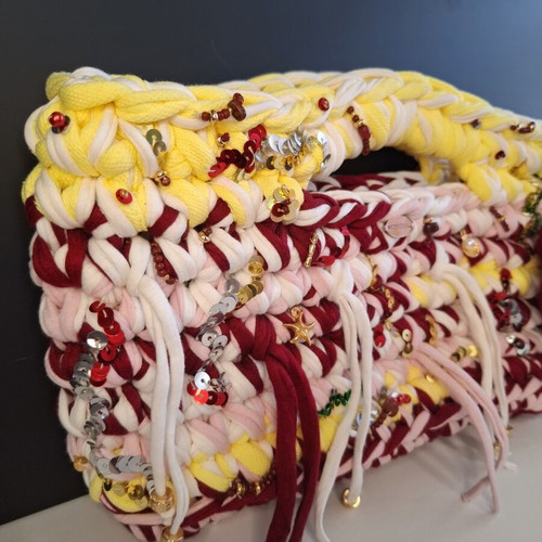 Handmade bag from colorful textile yarn with sequins, new