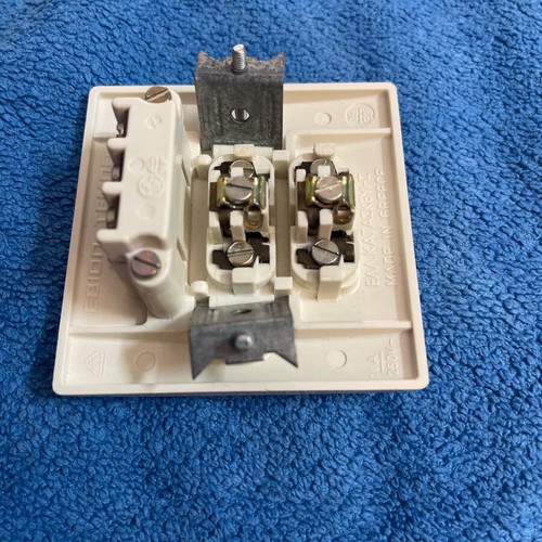 Double switch with socket white bakelite, new, Greek made