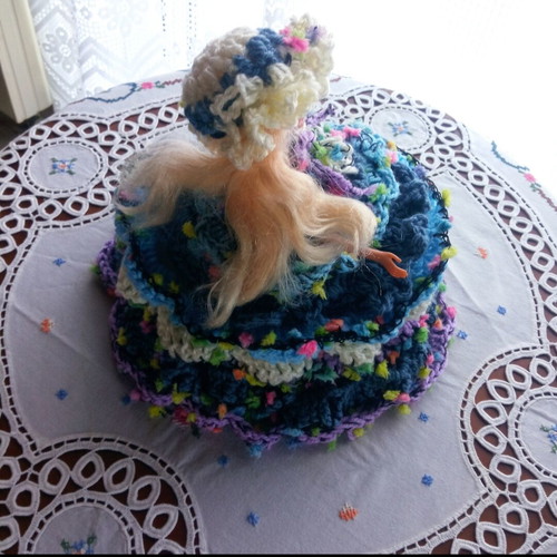 Handmade knitted dress and hat set for doll, bathroom decor