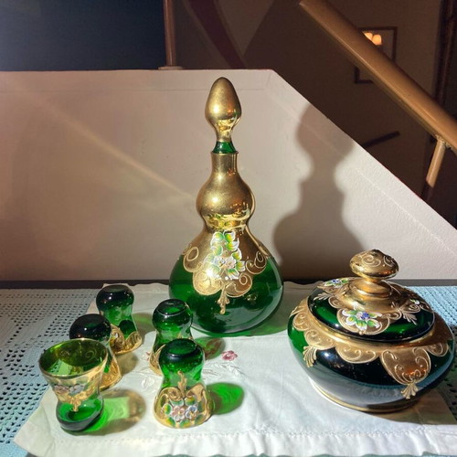 Bohemian style emerald glassware set 1950 like new