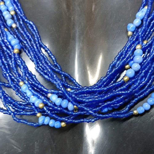 Vintage Royal Blue Necklace with Gold Details and Natural Beads