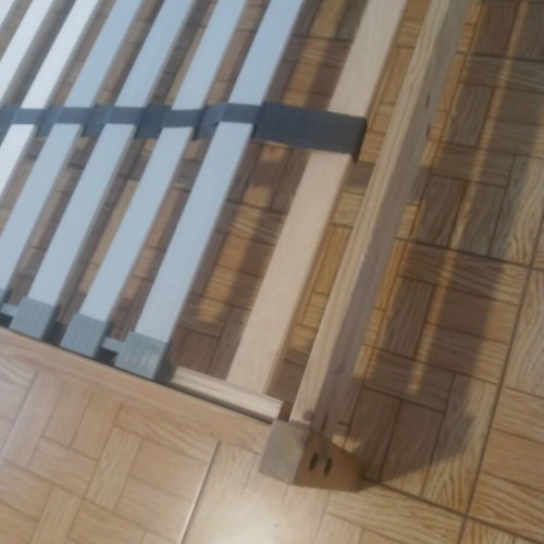 Wooden bed frame with foam mattress and 2 wall storage boxes, IKEA