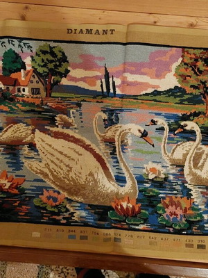 Embroidered paintings new with swans, couple and child with ball