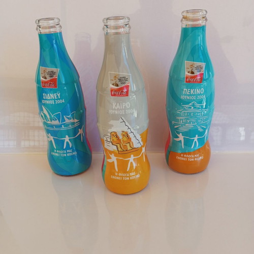 Coca-Cola collectible bottles used, Athens 2004 Olympic Torch Relay set of 3