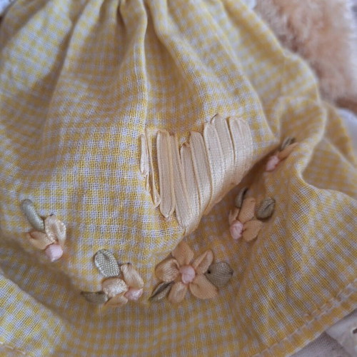 Vintage teddy bear new with yellow checkered dress and lace details